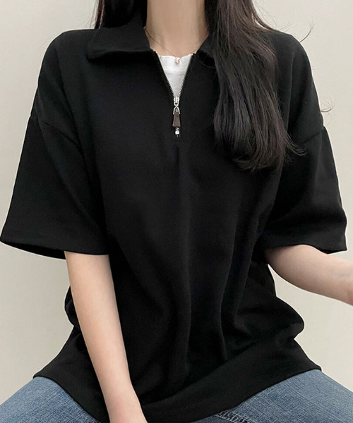VIVID LADY(ビビッドレディー)の「快適な襟アノラックジッパー半袖Tシャツ(Tシャツ/カットソー・レディース・ブラック/アイボリー/グレー・FREE)」の18枚目の写真
