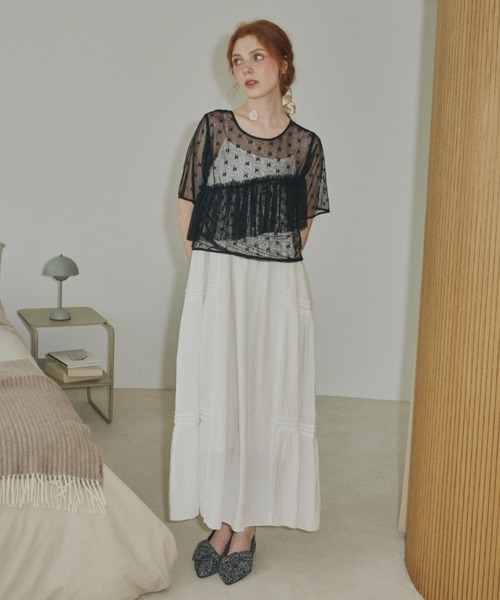 idem(イデム)の「sheer lace frill tops/シアーレースフリルトップス(Tシャツ/カットソー・レディース・ブラック/アイボリー・FREE)」の3枚目の写真
