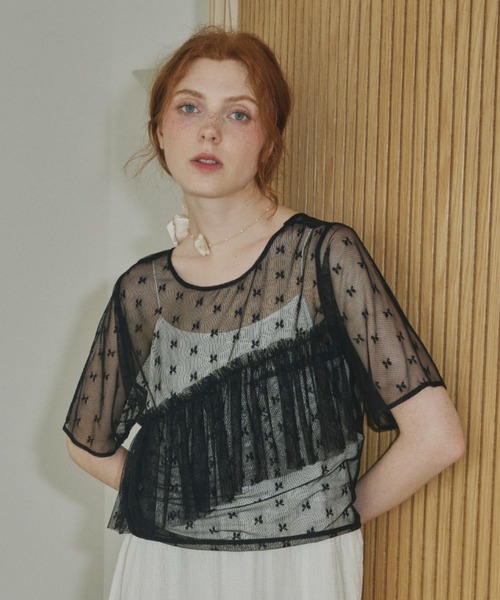 ソデフリルシアーシャツ ボルドー セール】sheer lace frill tops/シアーレースフリルトップス（T