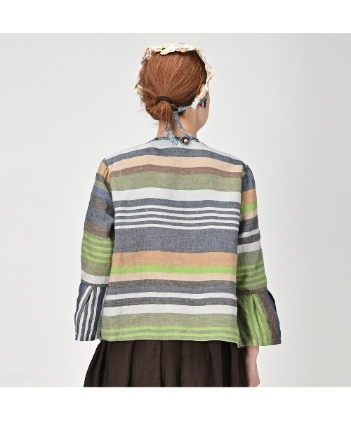 インドリネンツイルのマルチ縞レフアブラウス