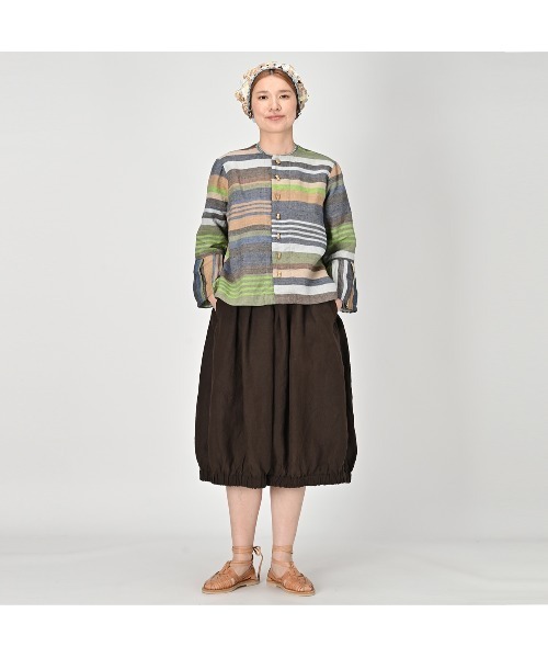 インドリネンツイルのマルチ縞レフアブラウス