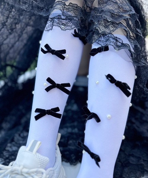 poiregnee（ポワニェ）の「［select］リボン＆パール　ハイソックス（ソックス/靴下・レディース・ホワイト/ブラック/クリーム・FREE）」の9枚目の写真