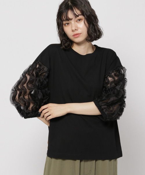 niko and...(ニコアンド)の「袖シアーフリフリプルオーバー(Tシャツ/カットソー・レディース・ブラック/オフホワイト・MEDIUM/LARGE)」の2枚目の写真