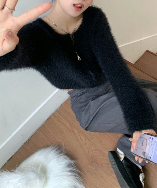 HALEY PESCA(ヘーリーペスカ)の「HALEY PESCA/ショート丈 シャギージップニット パーカー トップス(ニット/セーター・レディース・アイボリー/ブラック・FREE)」の6枚目の写真