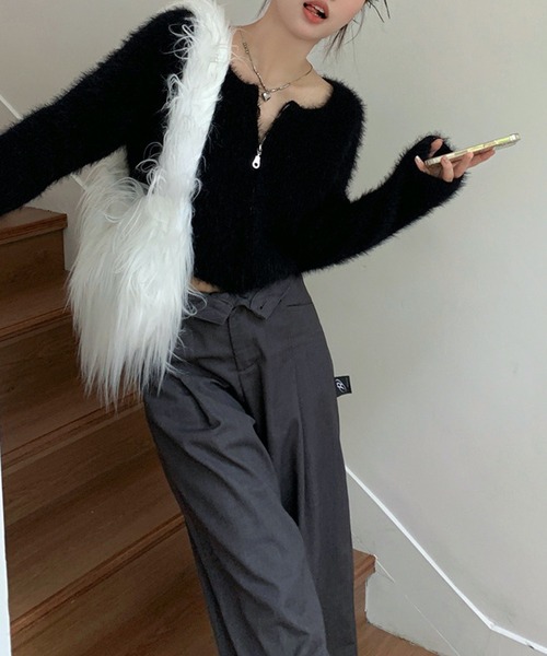 HALEY PESCA(ヘーリーペスカ)の「HALEY PESCA/ショート丈 シャギージップニット パーカー トップス(ニット/セーター・レディース・アイボリー/ブラック・FREE)」の8枚目の写真