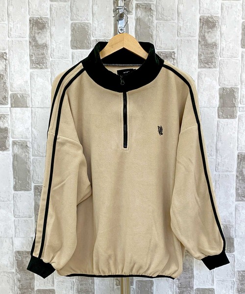 TopIsm(トップイズム)の「ライン入りワイド ハーフZIP フリースプルオーバー(スウェット・メンズ・ベージュ/グレー/ブラック/ホワイト/オレンジ・M/XL/L)」の4枚目の写真