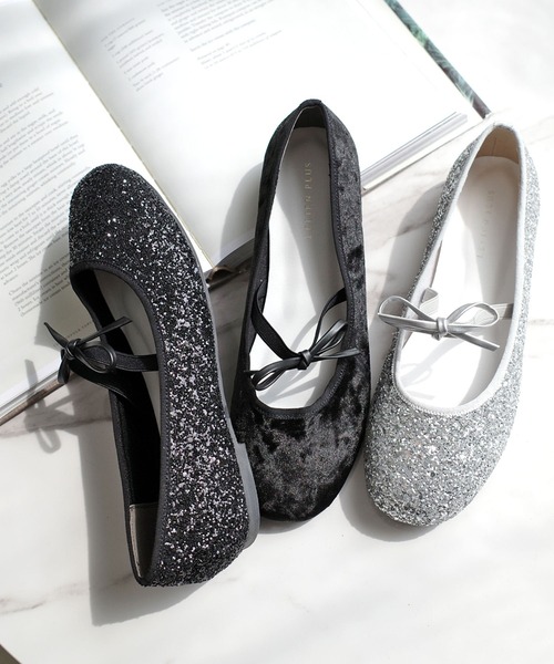 AmiAmi（アミアミ）の「ラウンドトゥグリッター・ベロアバレエシューズ/バレエコアリボンパンプス（バレエシューズ・レディース・ブラック/シルバー系その他/ブラック系その他・LL/S/M/L）」の7枚目の写真