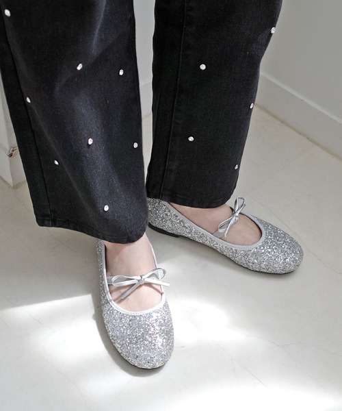 AmiAmi（アミアミ）の「ラウンドトゥグリッター・ベロアバレエシューズ/バレエコアリボンパンプス（バレエシューズ・レディース・ブラック/シルバー系その他/ブラック系その他・LL/S/M/L）」の9枚目の写真