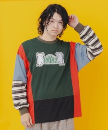 343119:ぱやぱやのネコの刺繍アップリケ ボーダー切替プルオーバー