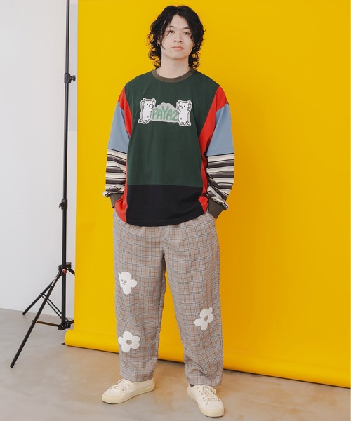 ScoLar Parity（スカラーパリティ）の「343119：ぱやぱやのネコの刺繍アップリケ ボーダー切替プルオーバー（Tシャツ/カットソー・メンズ・グリーン/チャコールグレー・M）」の4枚目の写真