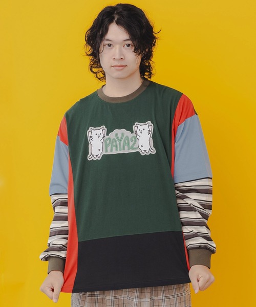 ScoLar Parity（スカラーパリティ）の「343119：ぱやぱやのネコの刺繍アップリケ ボーダー切替プルオーバー（Tシャツ/カットソー・メンズ・グリーン/チャコールグレー・M）」の5枚目の写真