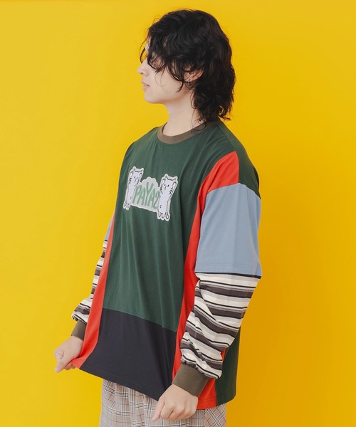 ScoLar Parity（スカラーパリティ）の「343119：ぱやぱやのネコの刺繍アップリケ ボーダー切替プルオーバー（Tシャツ/カットソー・メンズ・グリーン/チャコールグレー・M）」の6枚目の写真