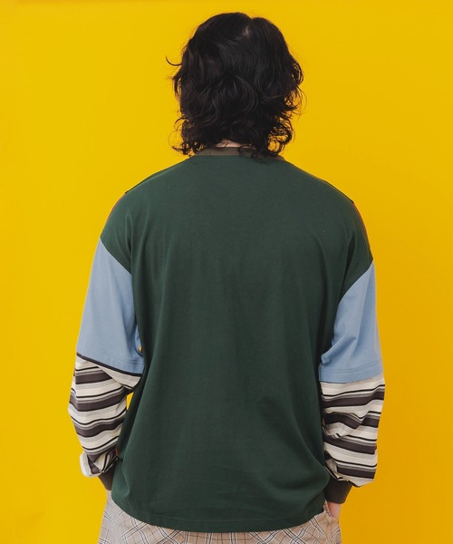 ScoLar Parity（スカラーパリティ）の「343119：ぱやぱやのネコの刺繍アップリケ ボーダー切替プルオーバー（Tシャツ/カットソー・メンズ・グリーン/チャコールグレー・M）」の7枚目の写真
