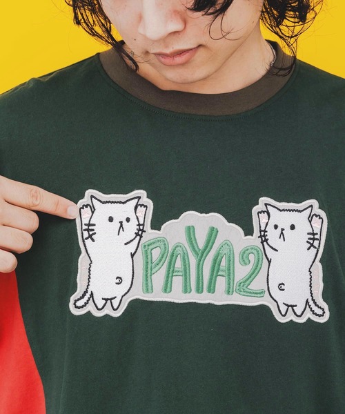 ScoLar Parity（スカラーパリティ）の「343119：ぱやぱやのネコの刺繍アップリケ ボーダー切替プルオーバー（Tシャツ/カットソー・メンズ・グリーン/チャコールグレー・M）」の8枚目の写真