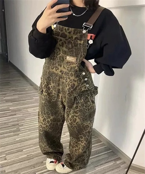 セール】ヒョウ柄ワイドデニムサロペット（サロペット