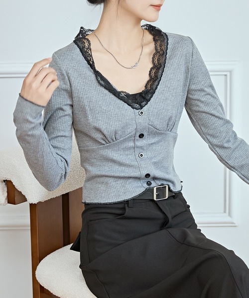 セール】配色レース Vネック メロウ ショートトップス（Tシャツ