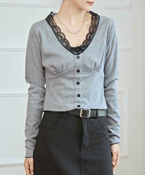 Lace Ladies(レースレディース)の「配色レース Vネック メロウ ショートトップス(Tシャツ/カットソー・レディース・アイボリー/グレー・M)」の5枚目の写真