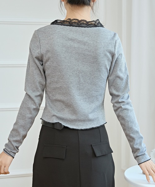 セール】配色レース Vネック メロウ ショートトップス（Tシャツ