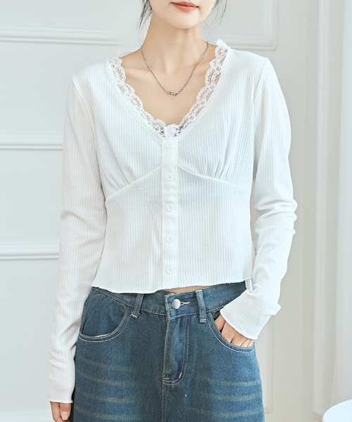 Lace Ladies(レースレディース)の「配色レース Vネック メロウ ショートトップス(Tシャツ/カットソー・レディース・アイボリー/グレー・M)」の10枚目の写真