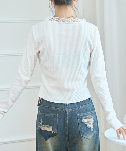 配色レース Vネック メロウ ショートトップス（Tシャツ/カットソー