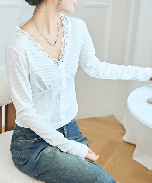 セール】配色レース Vネック メロウ ショートトップス（Tシャツ