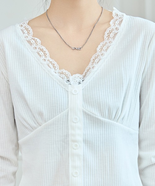 Lace Ladies(レースレディース)の「配色レース Vネック メロウ ショートトップス(Tシャツ/カットソー・レディース・アイボリー/グレー・M)」の13枚目の写真