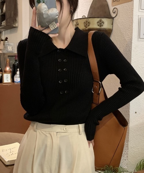 Diosfront(ディオスフロント)の「ダブルボタンポロニットプルオーバー(ニット/セーター・レディース・カーキ/ブラック/アイボリー/ベージュ/モカ/ブラウン・FREE)」の18枚目の写真