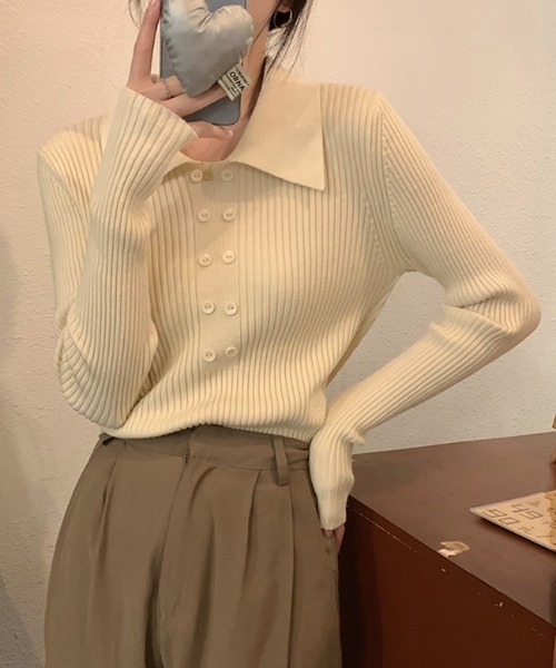 Diosfront(ディオスフロント)の「ダブルボタンポロニットプルオーバー(ニット/セーター・レディース・カーキ/ブラック/アイボリー/ベージュ/モカ/ブラウン・FREE)」の22枚目の写真