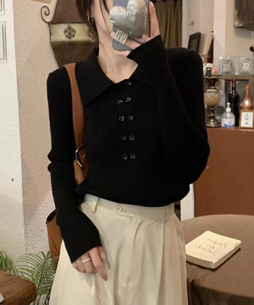 Diosfront(ディオスフロント)の「ダブルボタンポロニットプルオーバー(ニット/セーター・レディース・カーキ/ブラック/アイボリー/ベージュ/モカ/ブラウン・FREE)」の16枚目の写真
