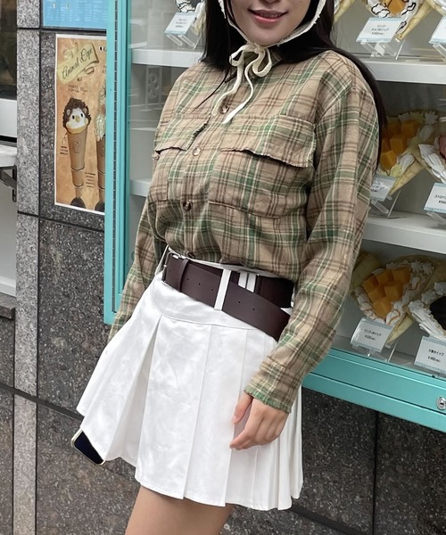 madrepadre(マドレパドレ)の「フリンジポケットオーバーサイズチェックシャツ(シャツ/ブラウス・レディース・カーキ・MEDIUM/LARGE)」の1枚目の写真