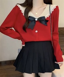 リボン付き　配色襟ニットトップス