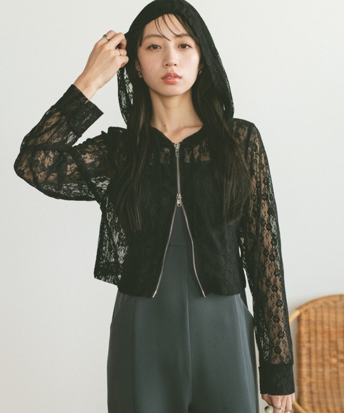 VANNIE U（ヴァニーユー）の「シアーレースフーディー/ジップパーカー（パーカー・レディース・アイボリー/ブラック・FREE）」の4枚目の写真