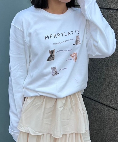 merrylatte(メリーラテ)の「【軽量】子猫グラフィックトレーナー スウェット(スウェット・レディース・ホワイト・LARGE)」の1枚目の写真