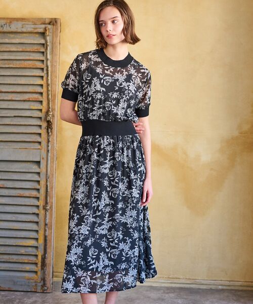 DRESSTERIOR（ドレステリア）の「【大人百花春号掲載 モデル美香さん着用】シアーフラワープリントハーフスリーブワンピース（ワンピース・レディース・ベージュ系その他3/ブラック系・36/34/38）」の2枚目の写真