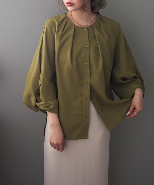 tuck volume sleeve blouse /ノーカラー タック 7分袖