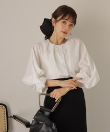 tuck volume sleeve blouse /ノーカラー タック 7分袖 ボリューム スリーブ ブラウス