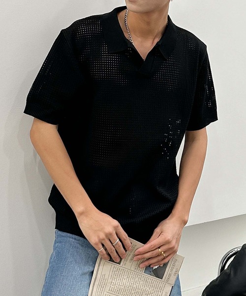 aimoha(アイモハ)の「aimoha men シアーライトポロトップス (SS)(ポロシャツ・メンズ・ブラック/ベージュ・LARGE/X-LARGE/XX-LARGE/XXX-LARGE)」の2枚目の写真