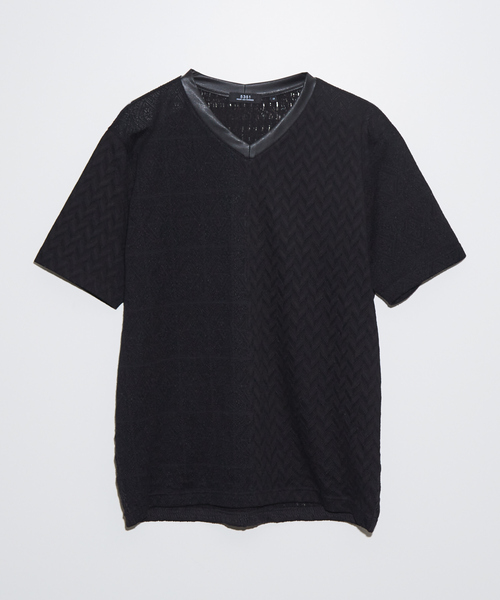 5351 POUR LES HOMMES（ゴーサンゴーイチプールオム）の「パッチワーク  PUレザー Vネック 半袖 Tシャツ（Tシャツ/カットソー・メンズ・ホワイト/ブラック・44/46/48/50）」の4枚目の写真