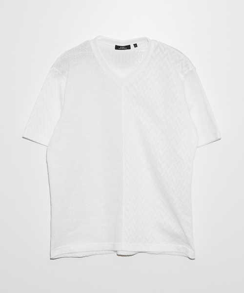 5351 POUR LES HOMMES（ゴーサンゴーイチプールオム）の「パッチワーク  PUレザー Vネック 半袖 Tシャツ（Tシャツ/カットソー・メンズ・ホワイト/ブラック・44/46/48/50）」の11枚目の写真