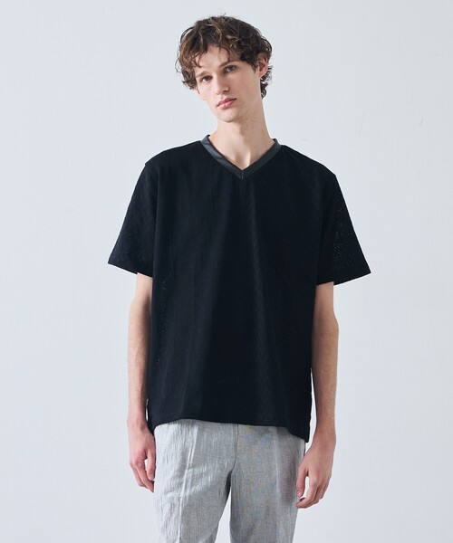 5351 POUR LES HOMMES（ゴーサンゴーイチプールオム）の「パッチワーク  PUレザー Vネック 半袖 Tシャツ（Tシャツ/カットソー・メンズ・ホワイト/ブラック・44/46/48/50）」の7枚目の写真