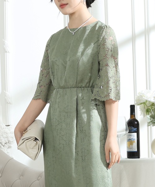 Lace Ladies(レースレディース)の「レース 切り替え 6分袖 ナロー ワンピース(ドレス・レディース・ブラック/ネイビー/モカ/グリーン・S/FREE)」の4枚目の写真