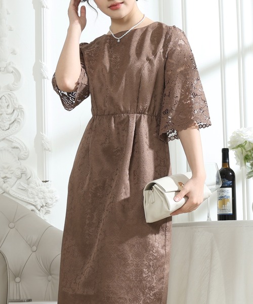 Lace Ladies(レースレディース)の「レース 切り替え 6分袖 ナロー ワンピース(ドレス・レディース・ブラック/ネイビー/モカ/グリーン・S/FREE)」の3枚目の写真