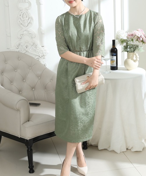 Lace Ladies(レースレディース)の「レース 切り替え 6分袖 ナロー ワンピース(ドレス・レディース・ブラック/ネイビー/モカ/グリーン・S/FREE)」の11枚目の写真
