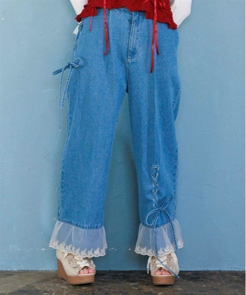 axes femme（アクシーズファム）の「裾レースストレートデニムパンツ（デニムパンツ・レディース・ワンウォッシュ/インディゴブルー/ホワイト・FREE）」の3枚目の写真