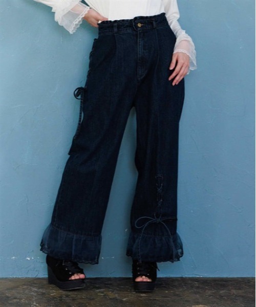 axes femme（アクシーズファム）の「裾レースストレートデニムパンツ（デニムパンツ・レディース・ワンウォッシュ/インディゴブルー/ホワイト・FREE）」の2枚目の写真