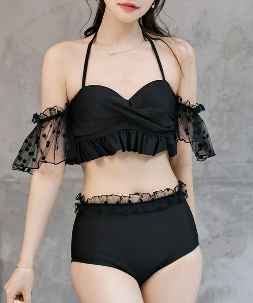 レディース水着 2WAYオフショルビスチェ風チュールドットハイウエスト