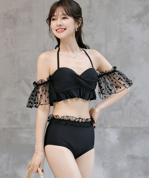 セール】レディース水着 2WAYオフショルビスチェ風チュールドットハイ