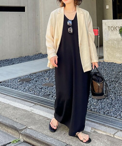 Rie Miller(リエミラー)の「《セットアップ対応》《手洗い可能》ダンボールジョーゼット袖リブマキシ丈ワンピース(ワンピース・レディース・オフホワイト/ブラック・38)」の5枚目の写真