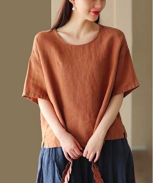BLANC FICELLE(ブランフィセル)の「綿混 オーバーサイズ Tシャツ(Tシャツ/カットソー・レディース・ブラウン/キャメル/ピンク/ネイビー・L/XL/M)」の1枚目の写真