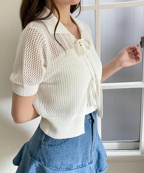 WEGO(ウィゴー)の「WEGO/襟付きリボンメッシュショートカーデ(カーディガン/ボレロ・レディース・その他1/ピンク/ホワイト・FREE)」の16枚目の写真
